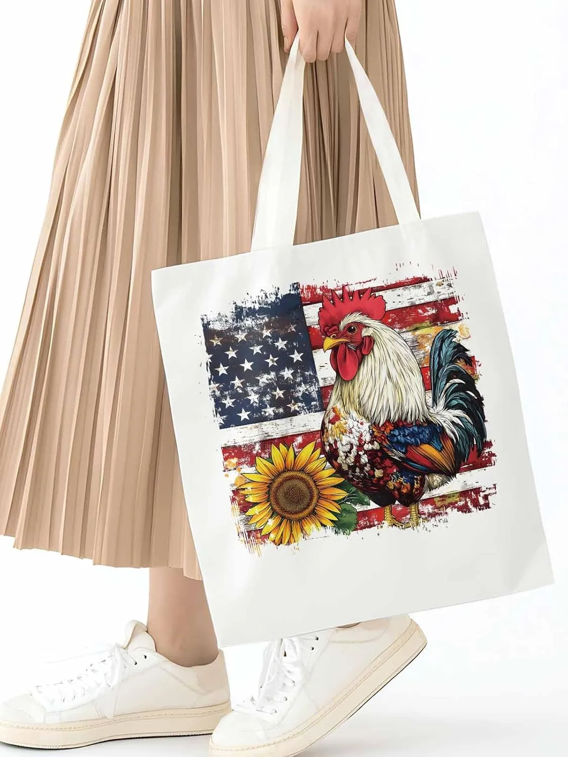 Sunflower American Flag Rooster Canvas Tote Bag, Aesthetic Canvas Tote Handbags for Women Shoulder Bag