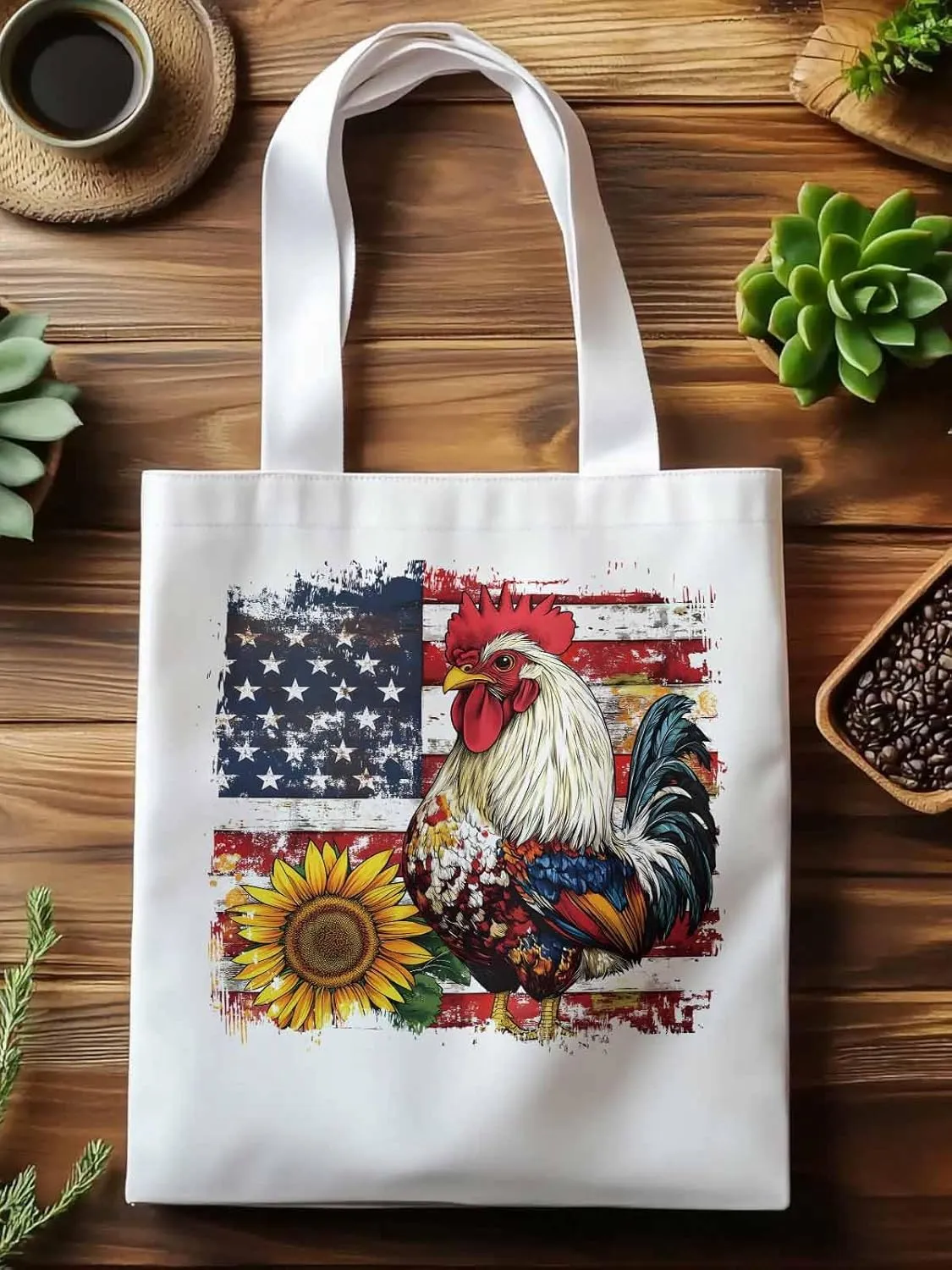 Sunflower American Flag Rooster Canvas Tote Bag, Aesthetic Canvas Tote Handbags for Women Shoulder Bag