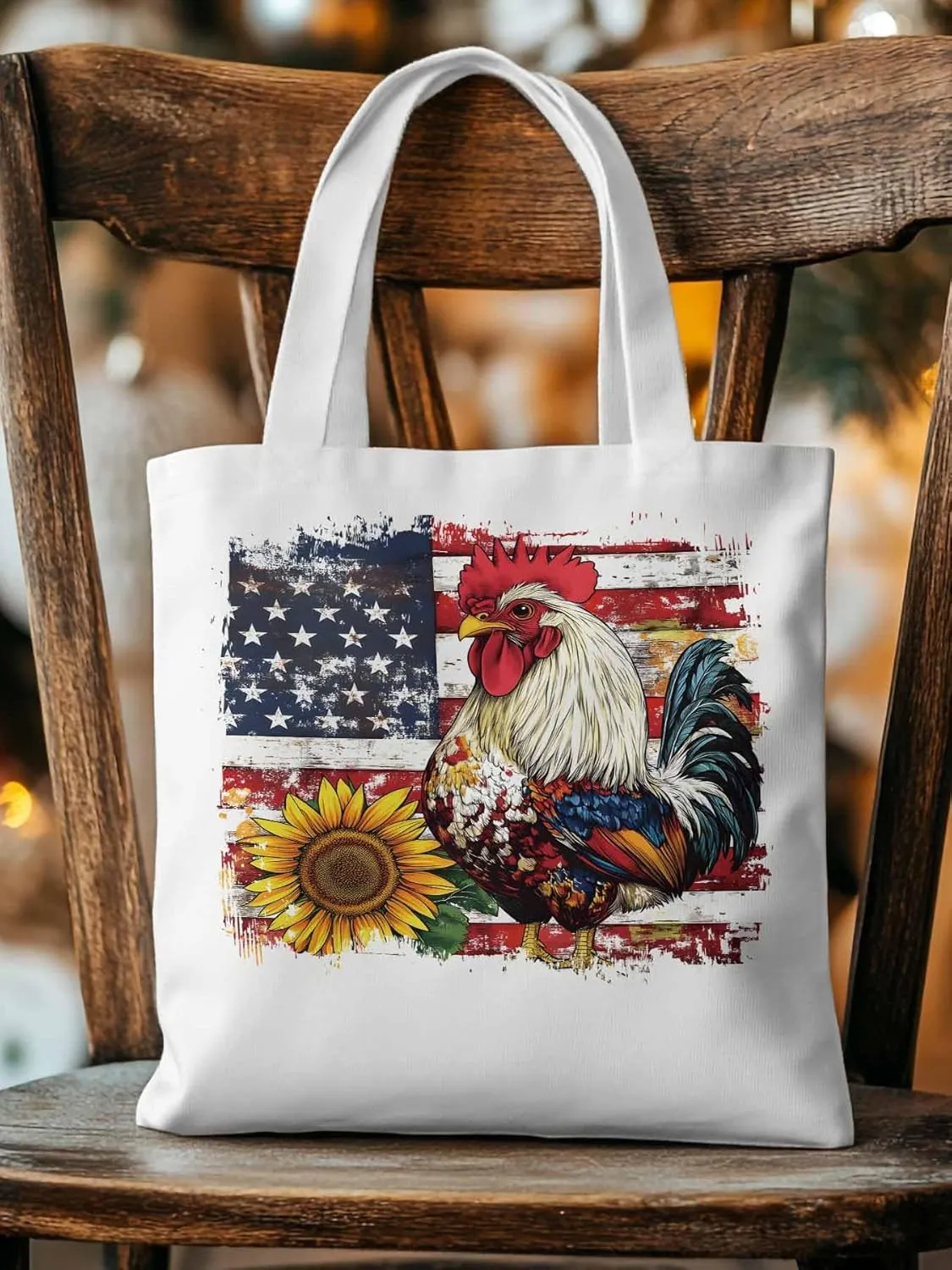 Sunflower American Flag Rooster Canvas Tote Bag, Aesthetic Canvas Tote Handbags for Women Shoulder Bag