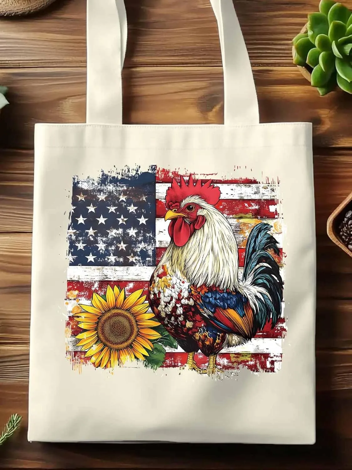 Sunflower American Flag Rooster Canvas Tote Bag, Aesthetic Canvas Tote Handbags for Women Shoulder Bag