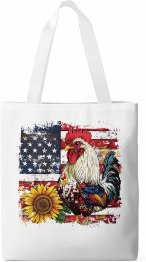 Sunflower American Flag Rooster Canvas Tote Bag, Aesthetic Canvas Tote Handbags for Women Shoulder Bag