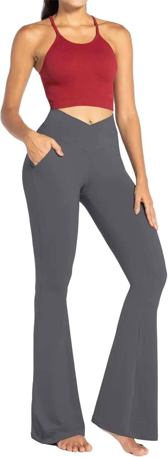 Sunzel Flare Leggings for Women with Pockets, Crossover Yoga Pants with Tummy Control, High Waisted and Wide Leg