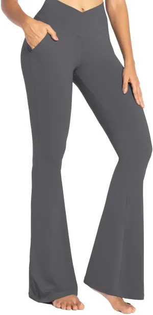 Sunzel Flare Leggings for Women with Pockets, Crossover Yoga Pants with Tummy Control, High Waisted and Wide Leg