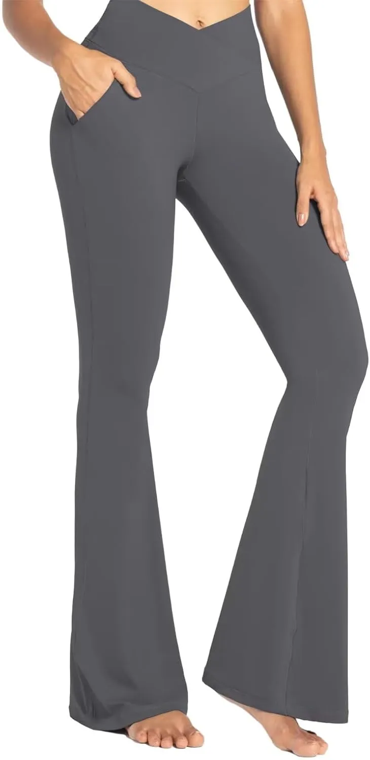 Sunzel Flare Leggings for Women with Pockets, Crossover Yoga Pants with Tummy Control, High Waisted and Wide Leg