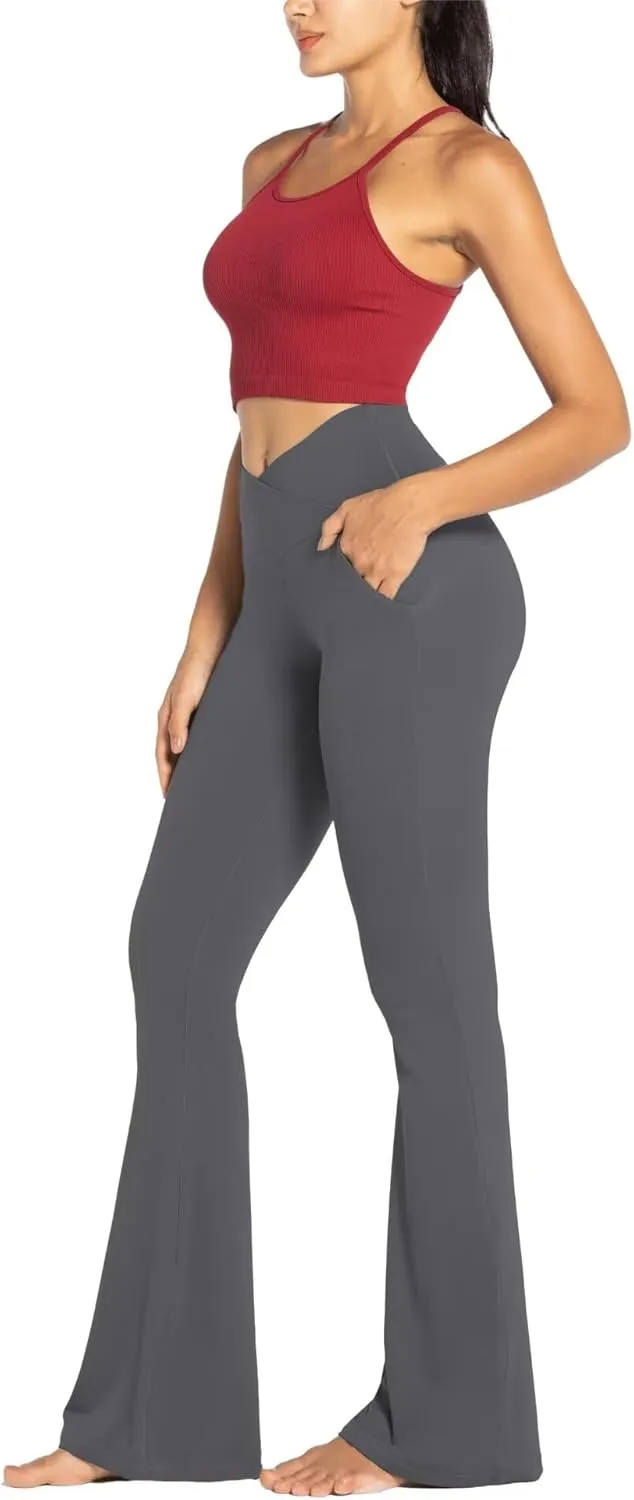 Sunzel Flare Leggings for Women with Pockets, Crossover Yoga Pants with Tummy Control, High Waisted and Wide Leg