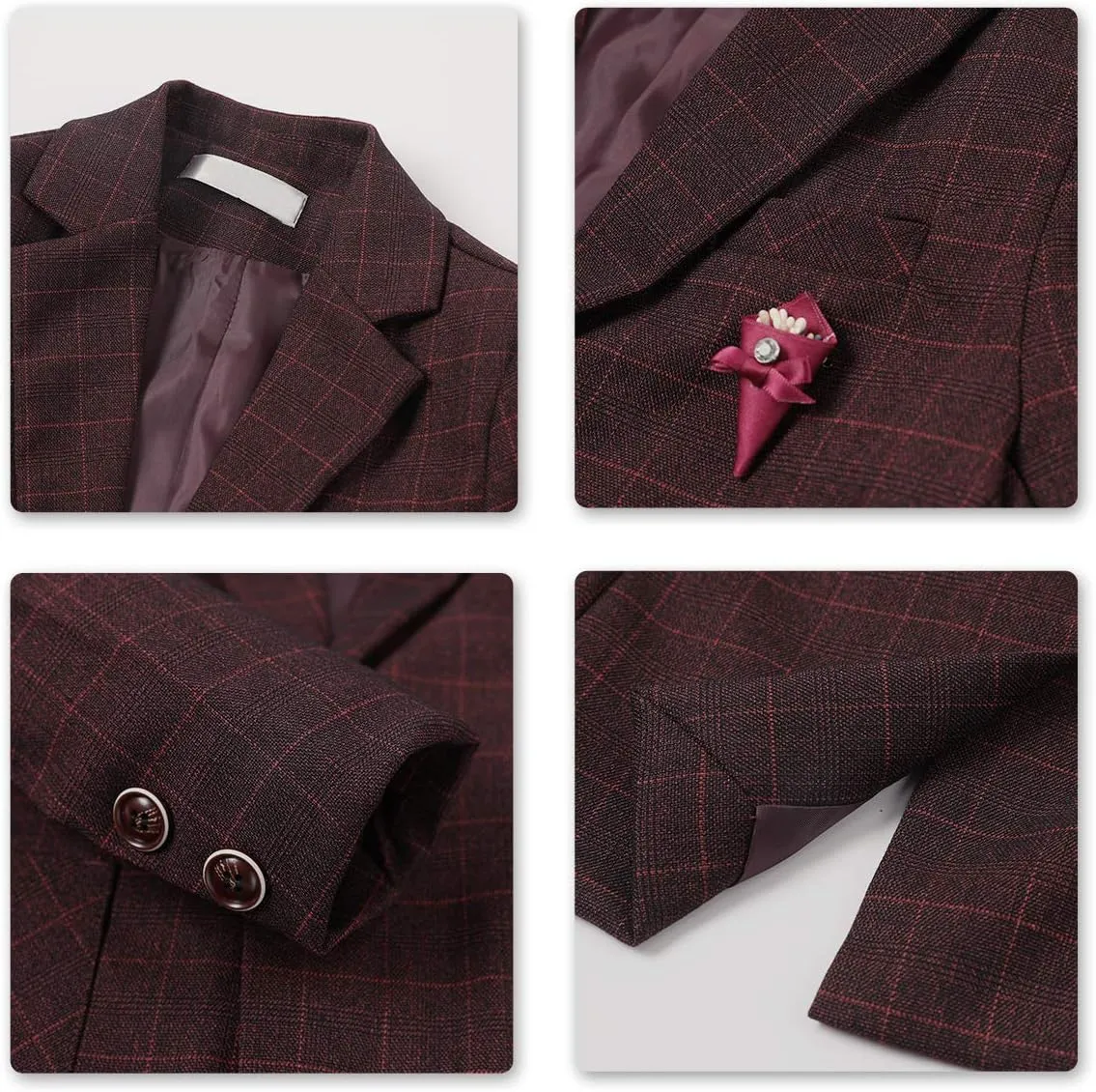 SWOTGdoby Boys Formal Plaid Suit 2 Pieces Cotton Blazer Pants with Brooch to Teen