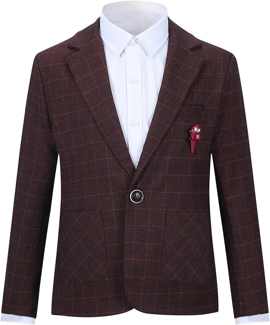 SWOTGdoby Boys Formal Plaid Suit 2 Pieces Cotton Blazer Pants with Brooch to Teen