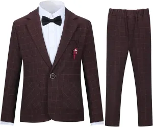SWOTGdoby Boys Formal Plaid Suit 2 Pieces Cotton Blazer Pants with Brooch to Teen