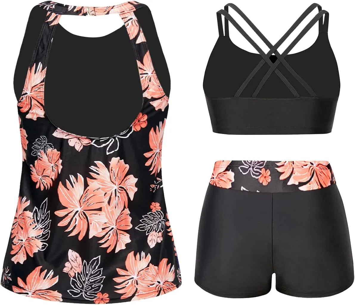 Tempt Me 3 Piece Swimsuit for Women Tankini Bathing Suit Modest High Neck Tank Tops Swimwear with Shorts