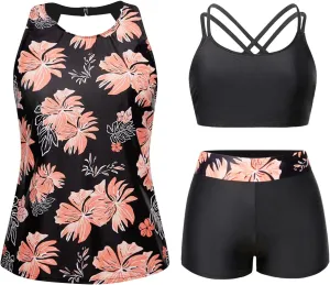 Tempt Me 3 Piece Swimsuit for Women Tankini Bathing Suit Modest High Neck Tank Tops Swimwear with Shorts