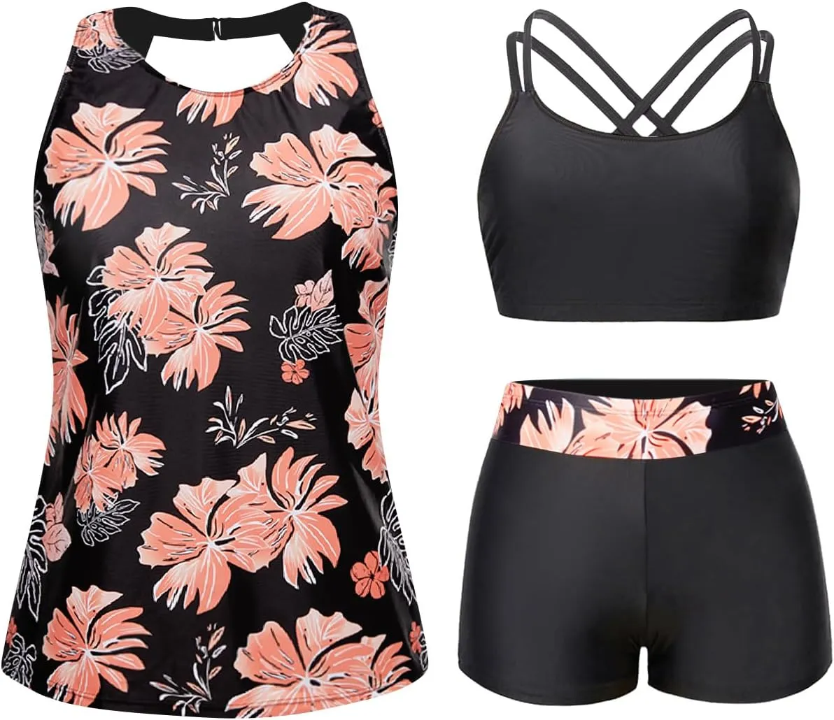 Tempt Me 3 Piece Swimsuit for Women Tankini Bathing Suit Modest High Neck Tank Tops Swimwear with Shorts