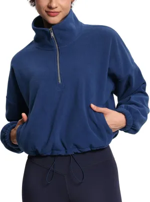 THE GYM PEOPLE Womens Half Zip Crop Pullover Sweatshirt Fleece Stand Collar Workout Tops with Pockets Drawstring Hem