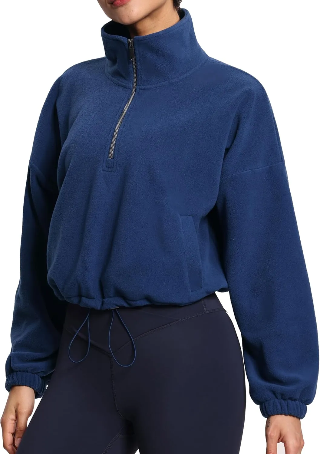 THE GYM PEOPLE Womens Half Zip Crop Pullover Sweatshirt Fleece Stand Collar Workout Tops with Pockets Drawstring Hem
