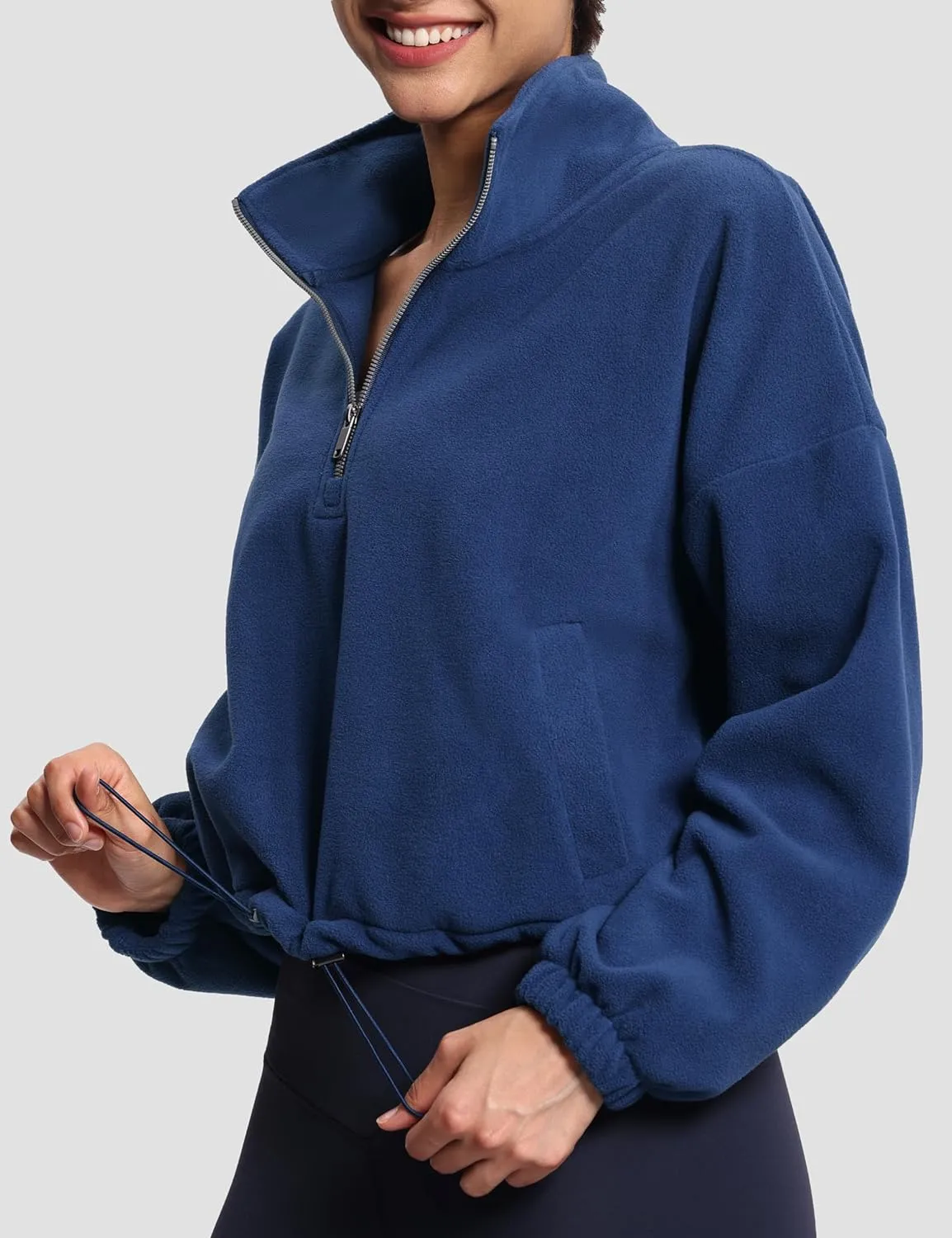 THE GYM PEOPLE Womens Half Zip Crop Pullover Sweatshirt Fleece Stand Collar Workout Tops with Pockets Drawstring Hem