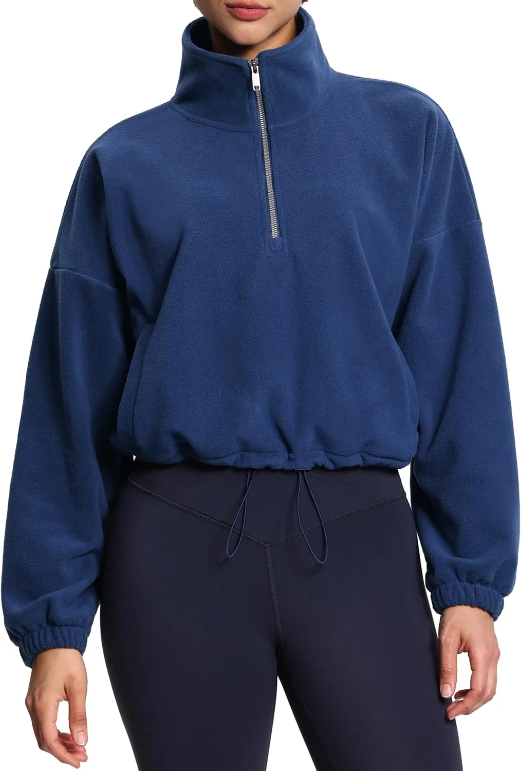 THE GYM PEOPLE Womens Half Zip Crop Pullover Sweatshirt Fleece Stand Collar Workout Tops with Pockets Drawstring Hem