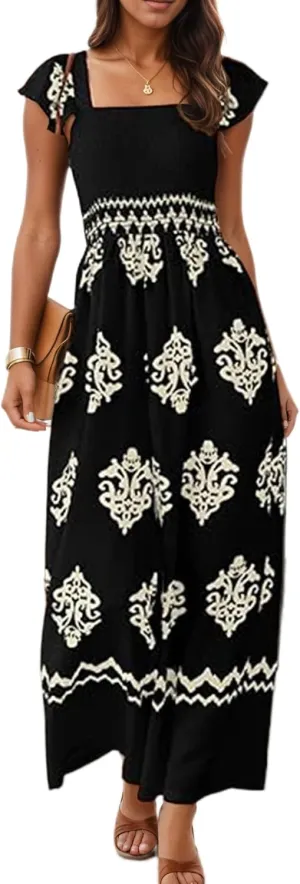 TIAFORD Womens Boho Jumpsuits Retro Print Cap Ruffle Sleeve High Waist Wide Leg Long Pant with Pockets
