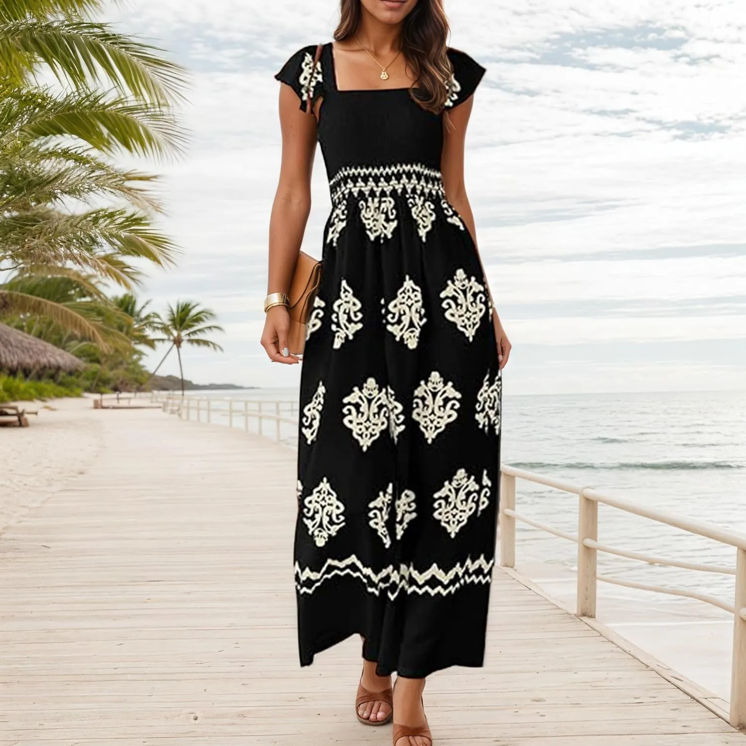 TIAFORD Womens Boho Jumpsuits Retro Print Cap Ruffle Sleeve High Waist Wide Leg Long Pant with Pockets