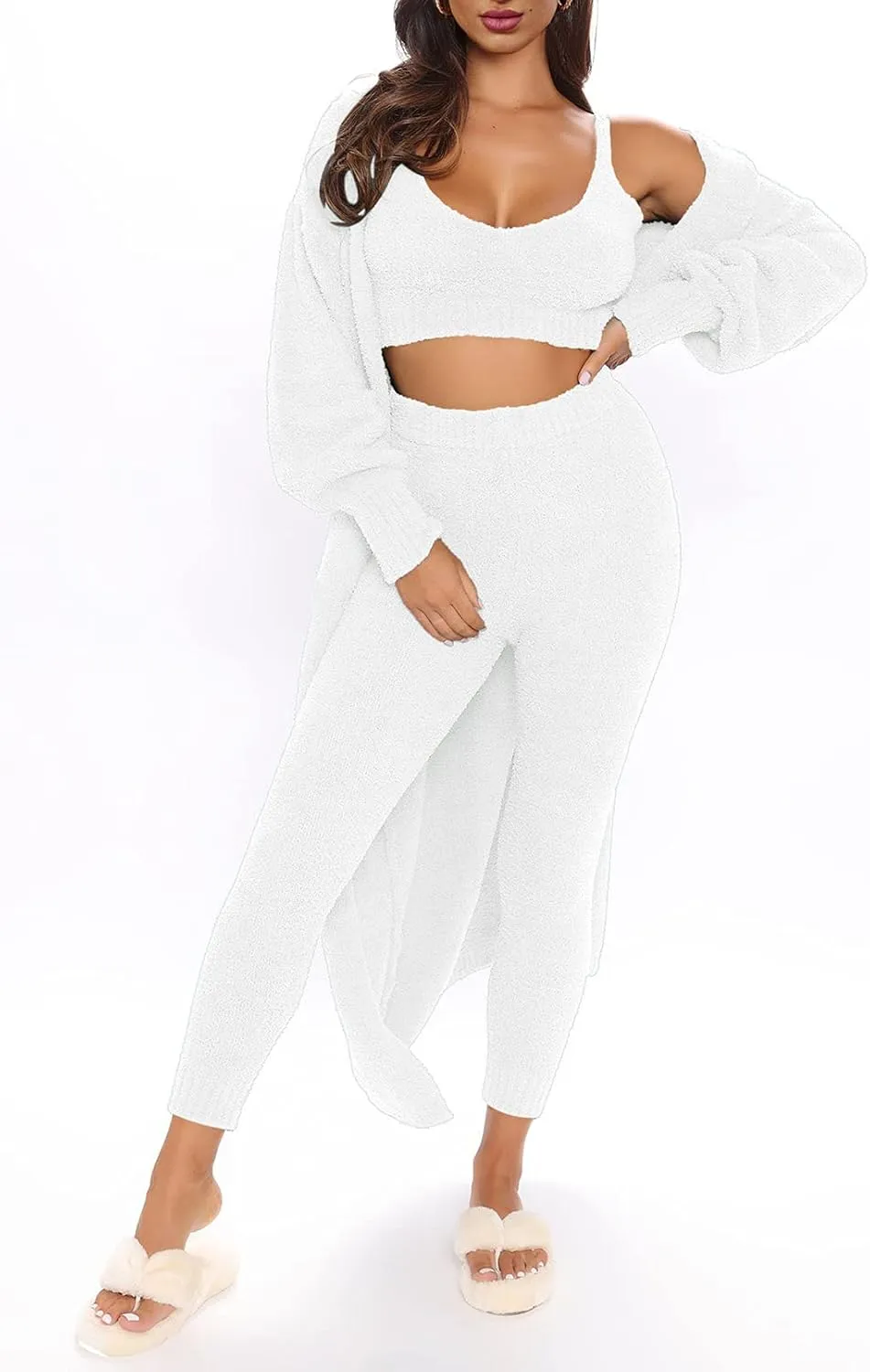 TOLENY Women's Fuzzy 3 Piece Lounge Sets Sweatsuits Open Front Cardigan Crop Tank Tops Wide Legs Pants Outfits