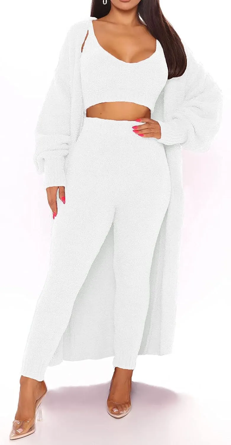 TOLENY Women's Fuzzy 3 Piece Lounge Sets Sweatsuits Open Front Cardigan Crop Tank Tops Wide Legs Pants Outfits