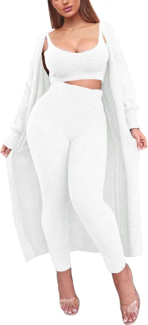 TOLENY Women's Fuzzy 3 Piece Lounge Sets Sweatsuits Open Front Cardigan Crop Tank Tops Wide Legs Pants Outfits