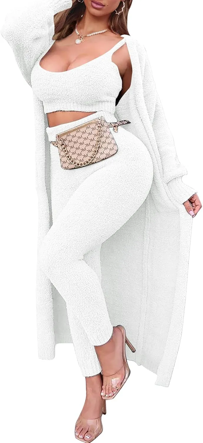 TOLENY Women's Fuzzy 3 Piece Lounge Sets Sweatsuits Open Front Cardigan Crop Tank Tops Wide Legs Pants Outfits