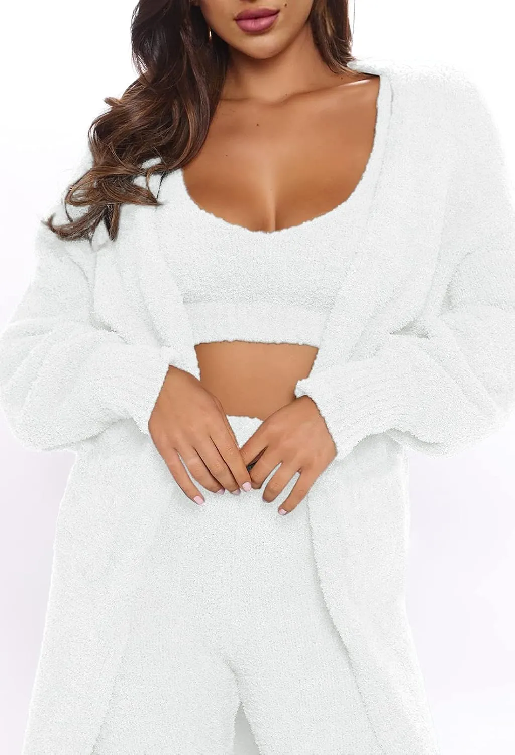 TOLENY Women's Fuzzy 3 Piece Lounge Sets Sweatsuits Open Front Cardigan Crop Tank Tops Wide Legs Pants Outfits