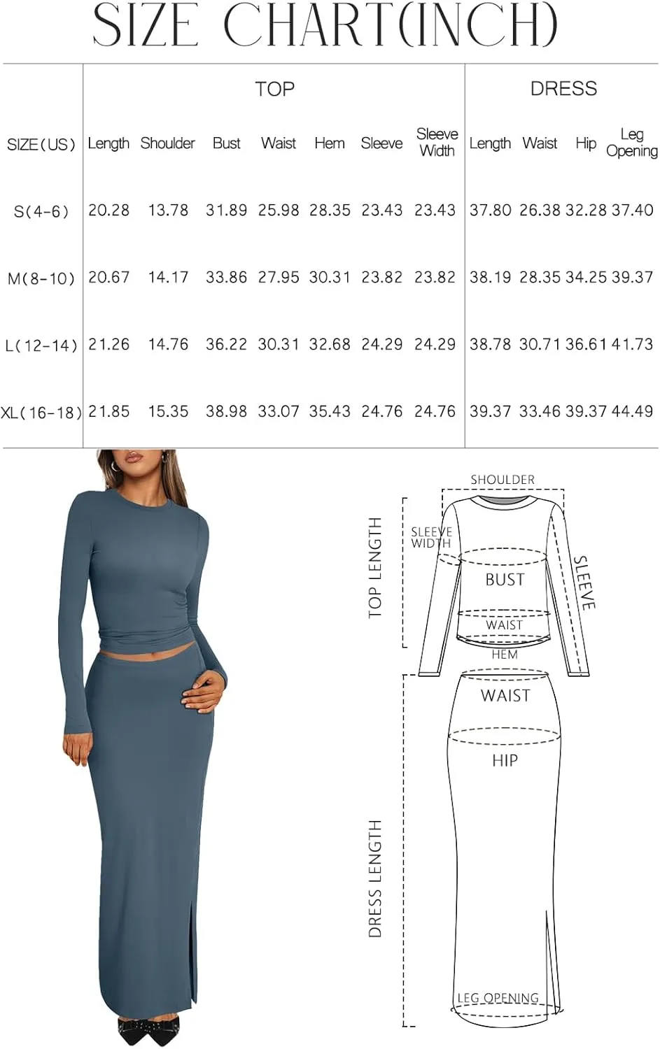 Trendy Queen 2 Piece Skirts Sets for Women Long Sleeve Crew Neck Crop Tops Bodycon Maxi Matching Clothes