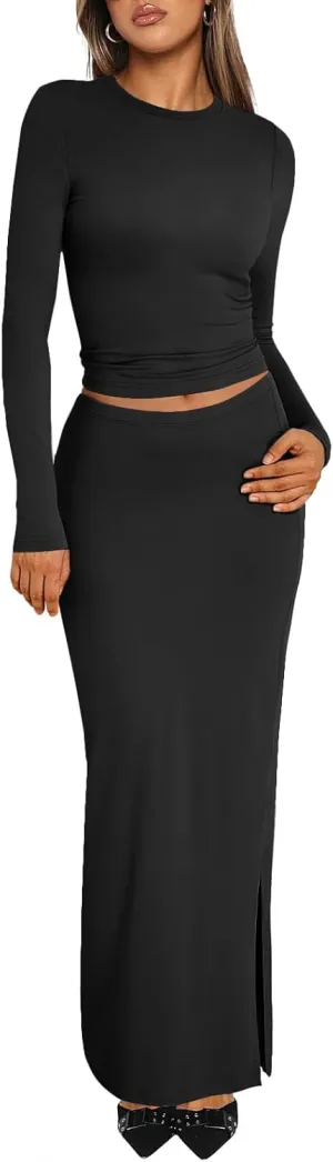 Trendy Queen 2 Piece Skirts Sets for Women Long Sleeve Crew Neck Crop Tops Bodycon Maxi Matching Clothes