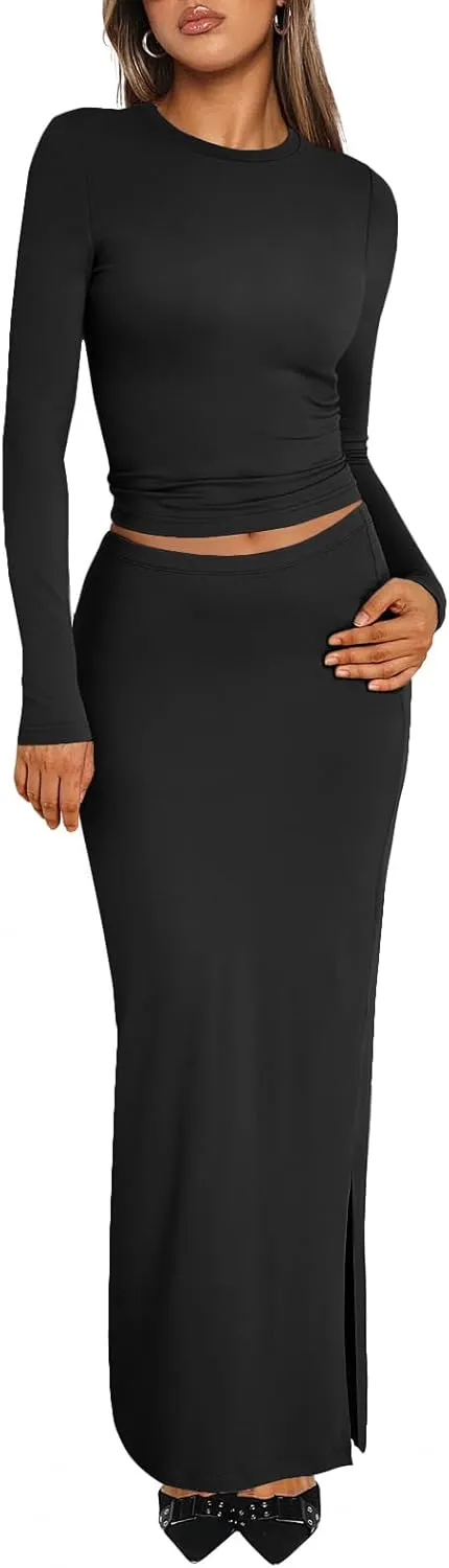 Trendy Queen 2 Piece Skirts Sets for Women Long Sleeve Crew Neck Crop Tops Bodycon Maxi Matching Clothes