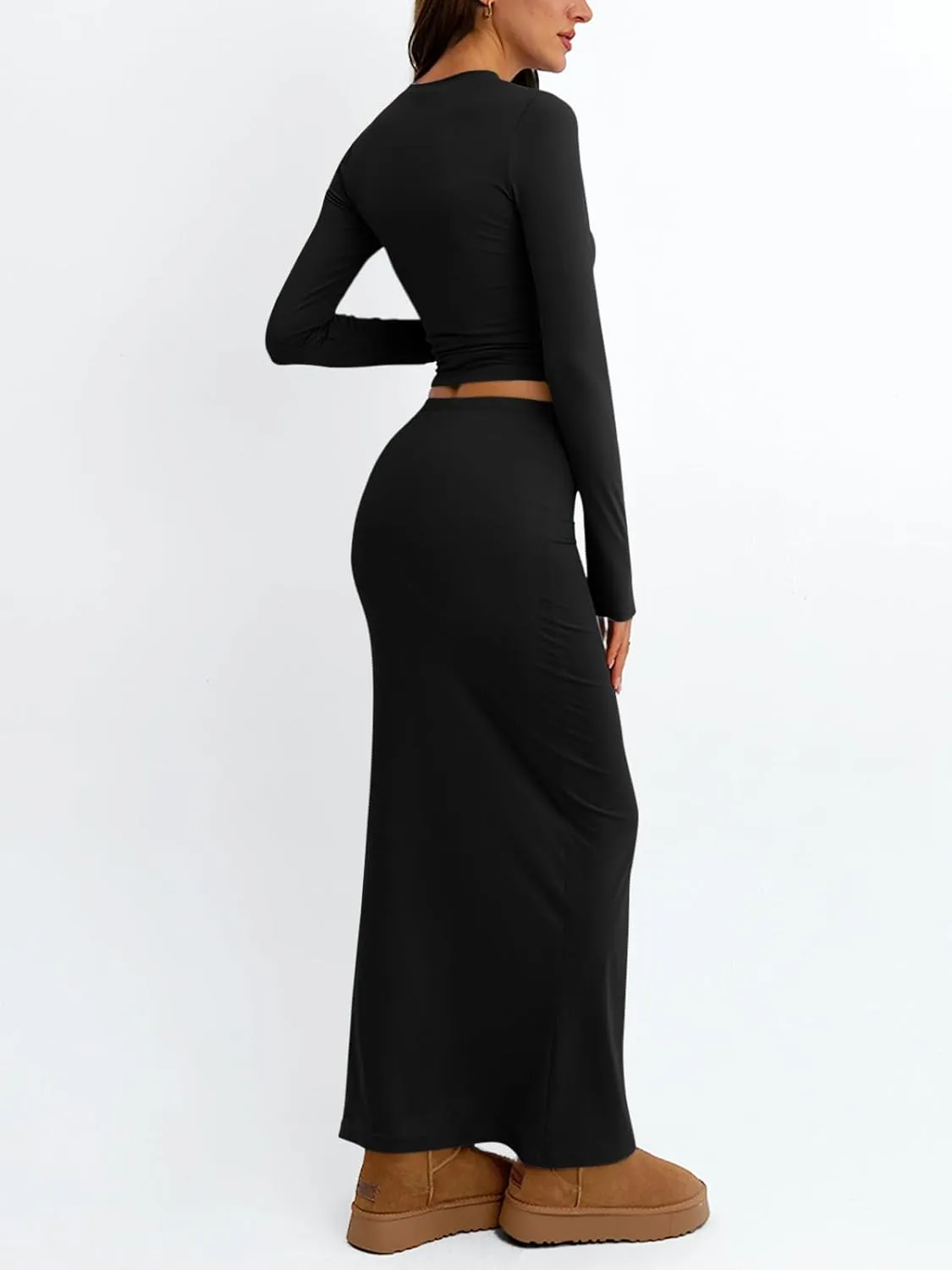 Trendy Queen 2 Piece Skirts Sets for Women Long Sleeve Crew Neck Crop Tops Bodycon Maxi Matching Clothes