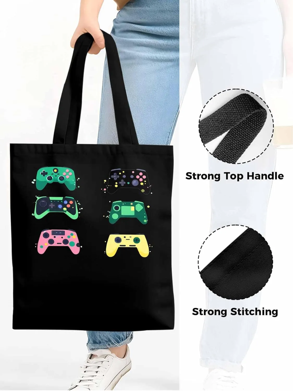 Video Game Console Controllers Canvas Tote Bag, Aesthetic Canvas Tote Handbags for Women Shoulder Bag