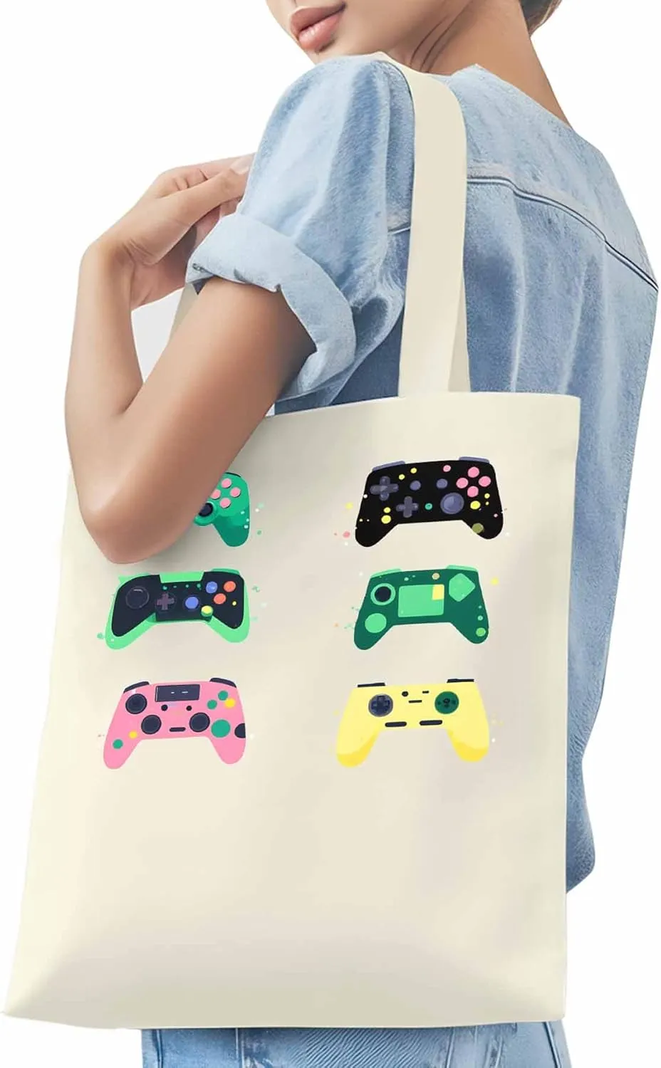Video Game Console Controllers Canvas Tote Bag, Aesthetic Canvas Tote Handbags for Women Shoulder Bag