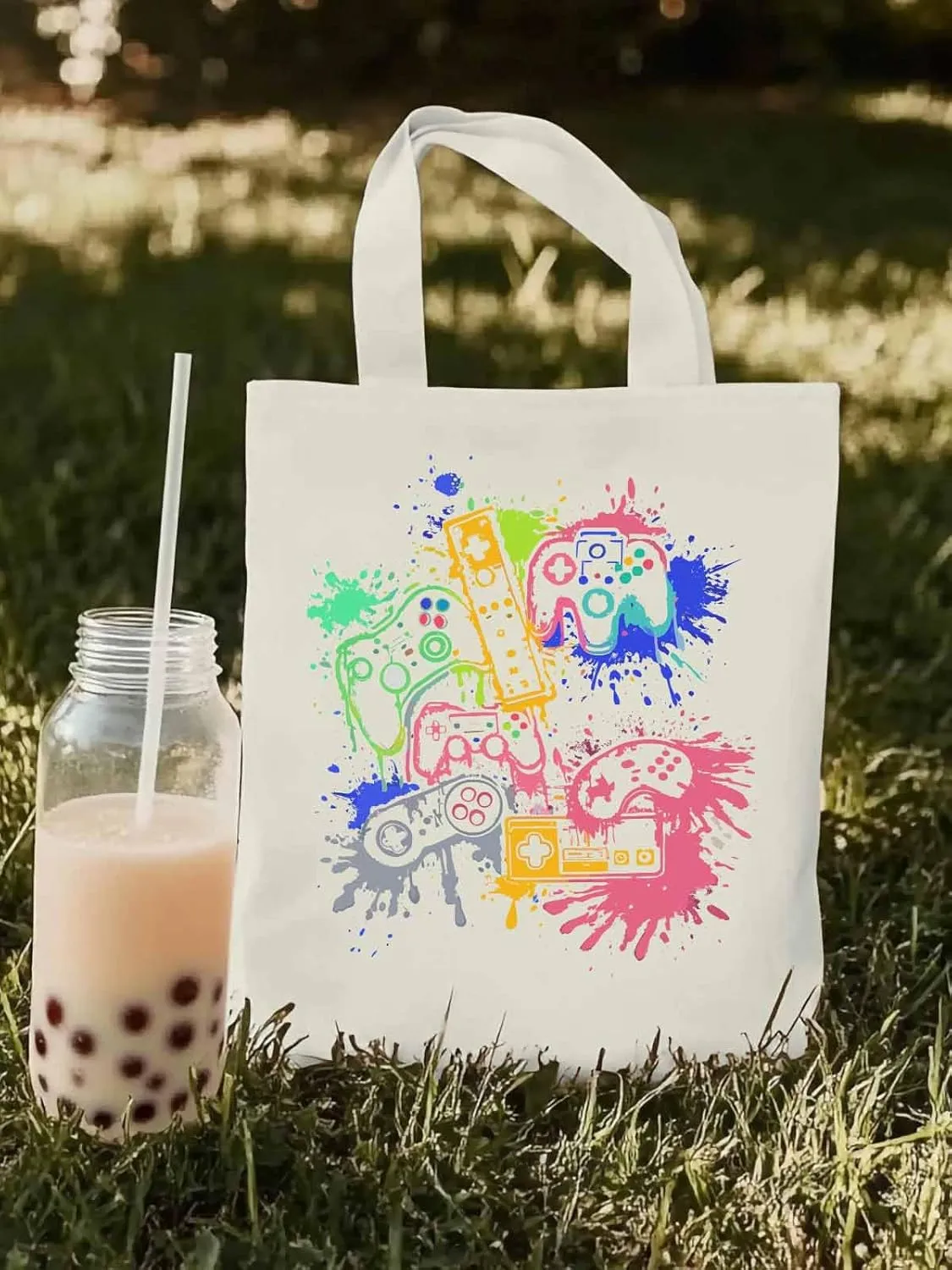 Video Games Colorful Canvas Tote Bag, Aesthetic Canvas Tote Handbags for Women Shoulder Bag