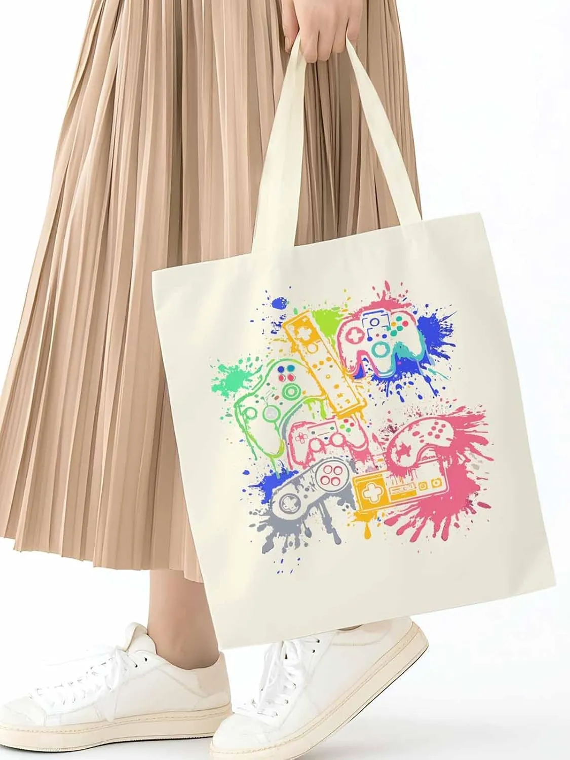 Video Games Colorful Canvas Tote Bag, Aesthetic Canvas Tote Handbags for Women Shoulder Bag