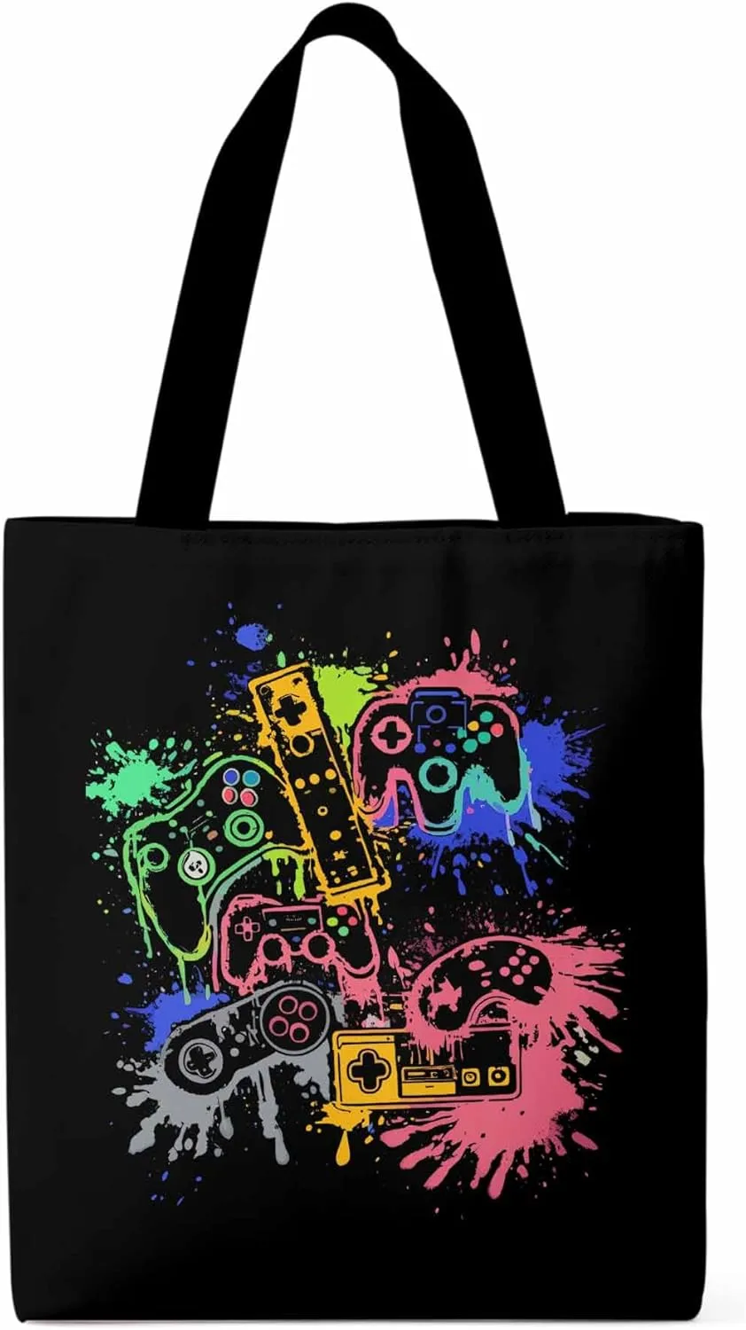 Video Games Colorful Canvas Tote Bag, Aesthetic Canvas Tote Handbags for Women Shoulder Bag