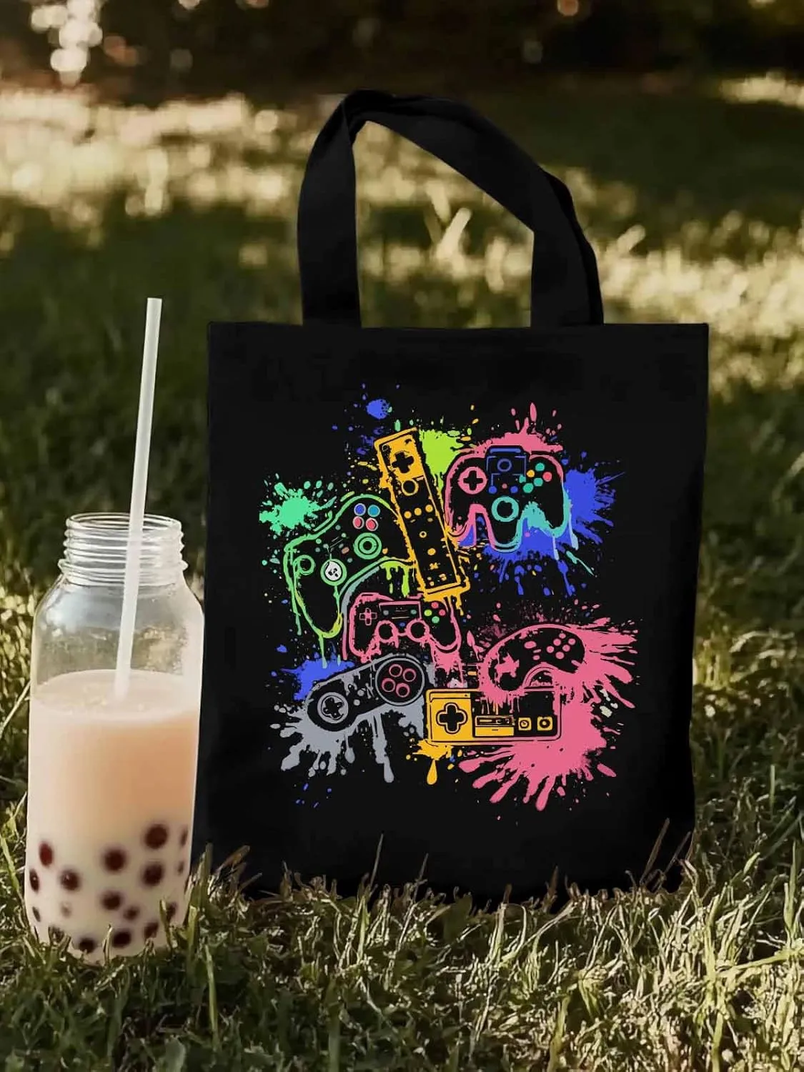 Video Games Colorful Canvas Tote Bag, Aesthetic Canvas Tote Handbags for Women Shoulder Bag