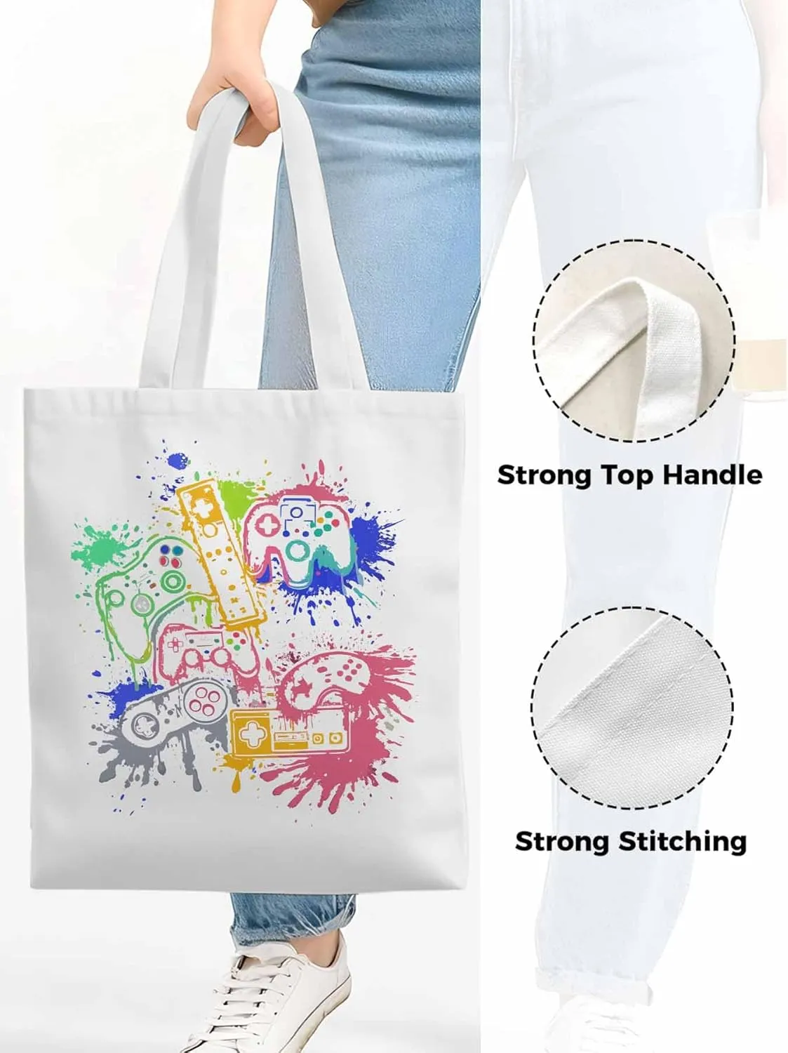 Video Games Colorful Canvas Tote Bag, Aesthetic Canvas Tote Handbags for Women Shoulder Bag