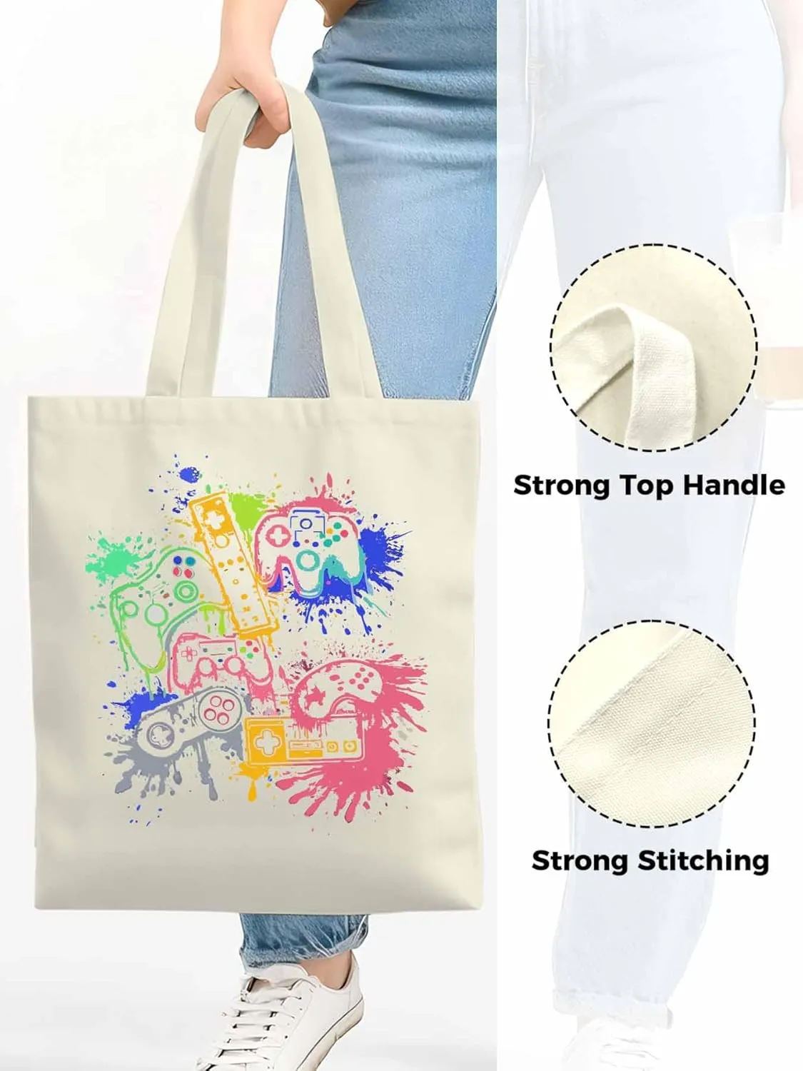 Video Games Colorful Canvas Tote Bag, Aesthetic Canvas Tote Handbags for Women Shoulder Bag
