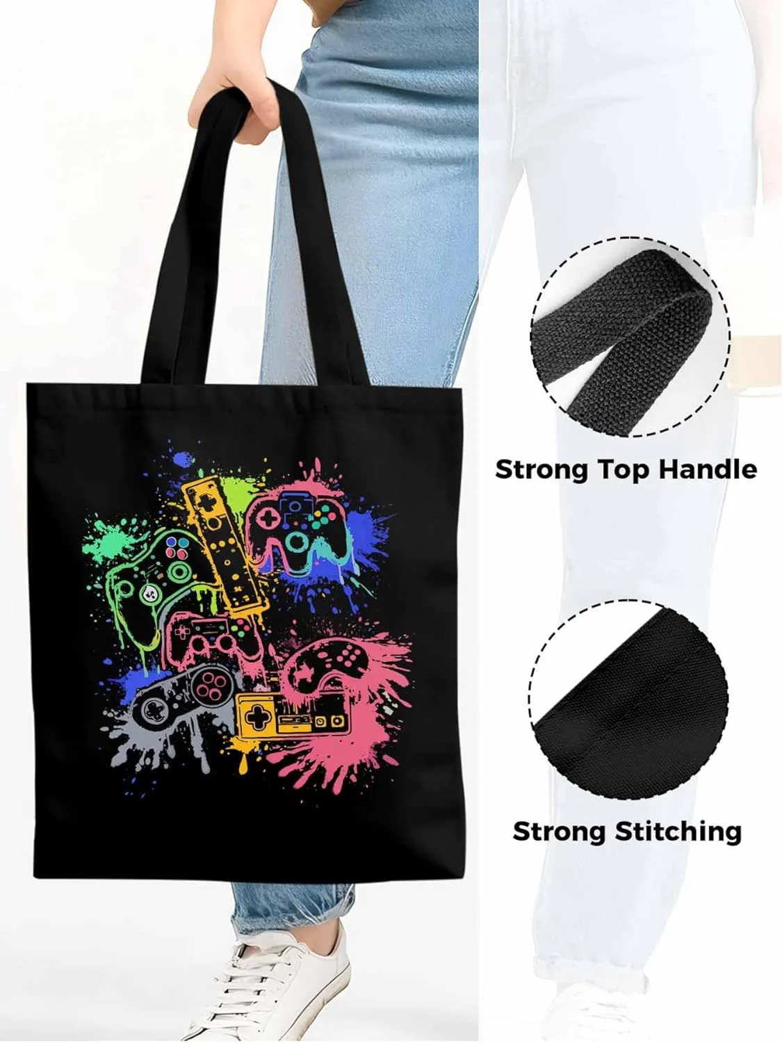 Video Games Colorful Canvas Tote Bag, Aesthetic Canvas Tote Handbags for Women Shoulder Bag