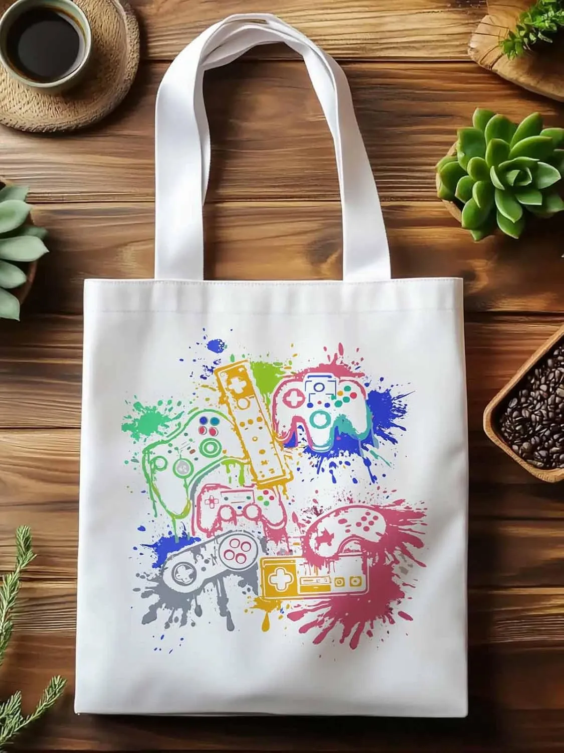 Video Games Colorful Canvas Tote Bag, Aesthetic Canvas Tote Handbags for Women Shoulder Bag