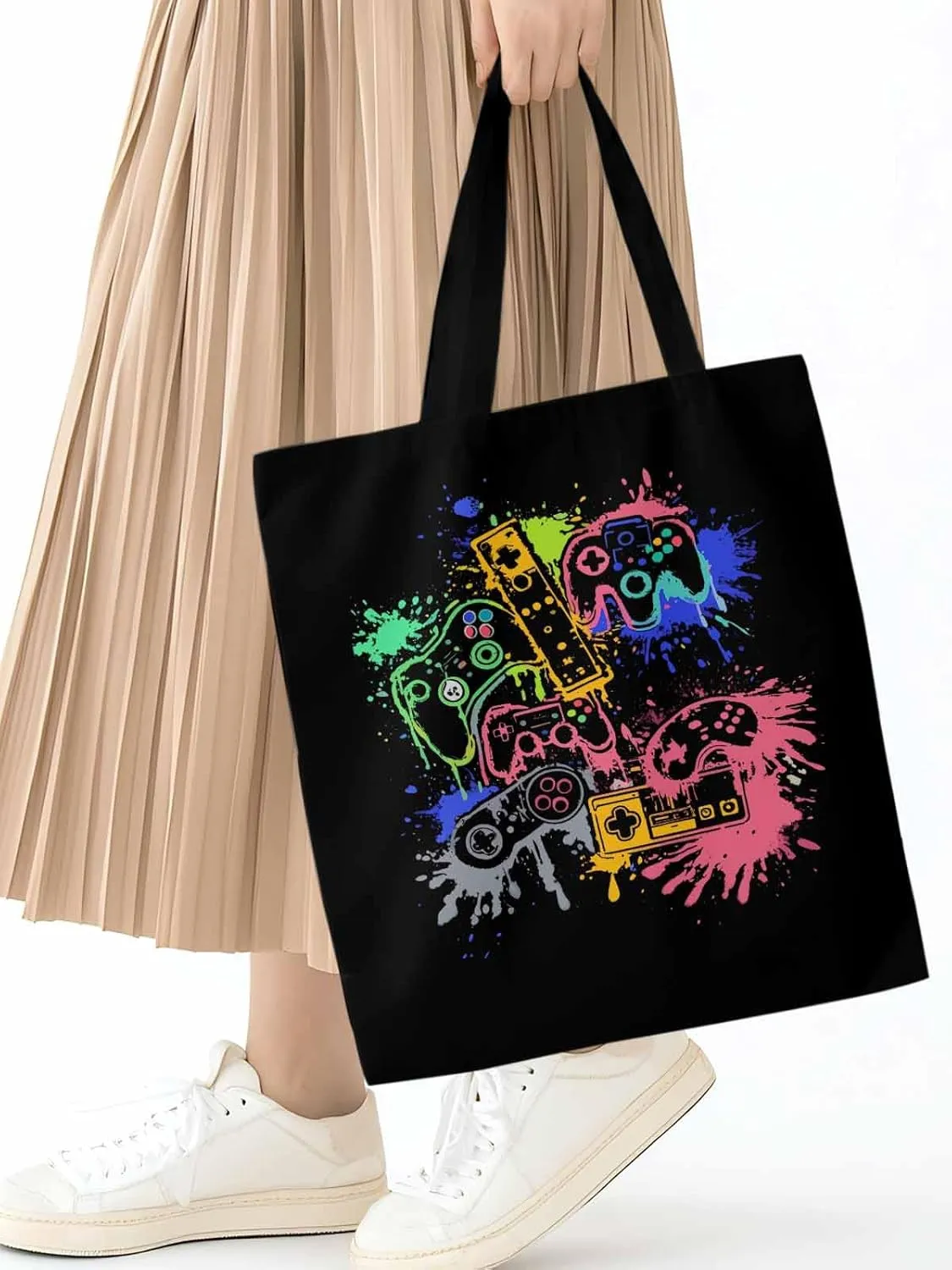 Video Games Colorful Canvas Tote Bag, Aesthetic Canvas Tote Handbags for Women Shoulder Bag