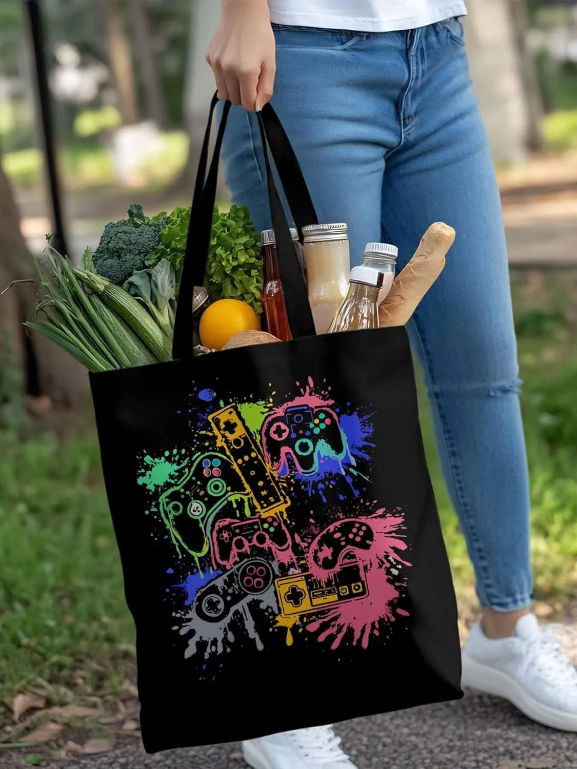 Video Games Colorful Canvas Tote Bag, Aesthetic Canvas Tote Handbags for Women Shoulder Bag