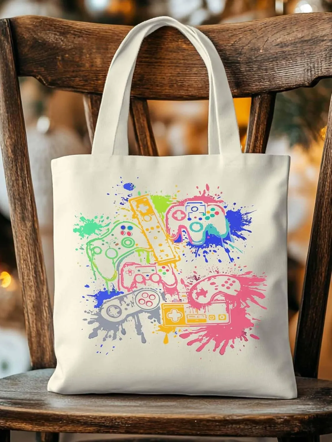 Video Games Colorful Canvas Tote Bag, Aesthetic Canvas Tote Handbags for Women Shoulder Bag