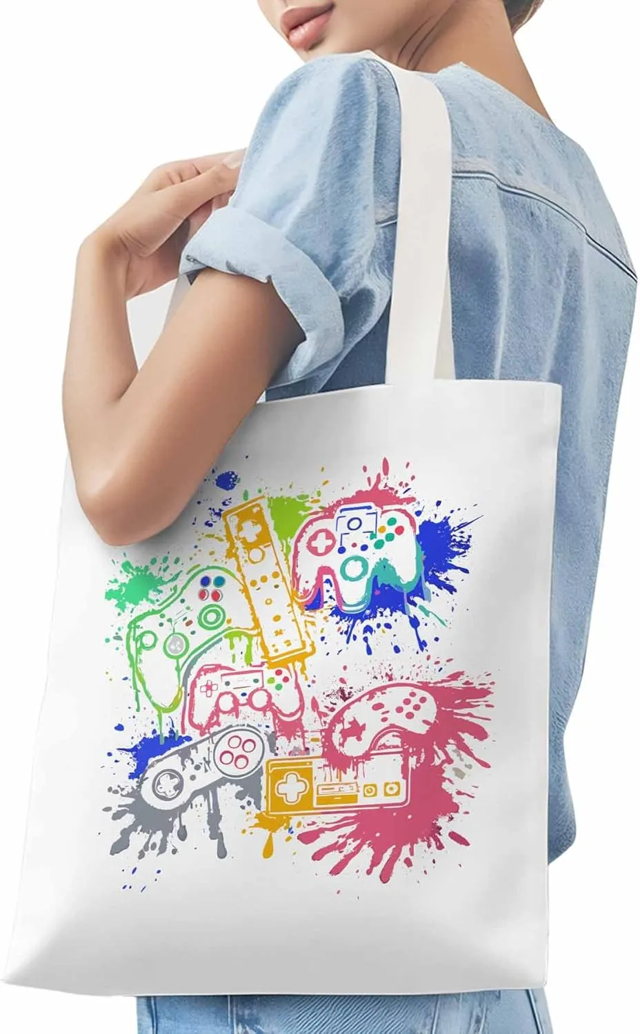 Video Games Colorful Canvas Tote Bag, Aesthetic Canvas Tote Handbags for Women Shoulder Bag