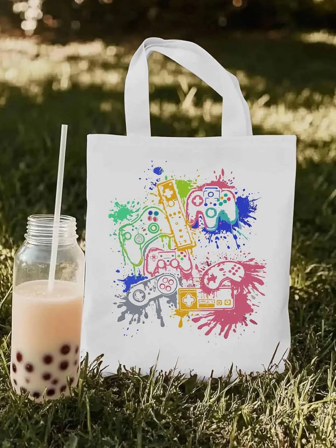 Video Games Colorful Canvas Tote Bag, Aesthetic Canvas Tote Handbags for Women Shoulder Bag