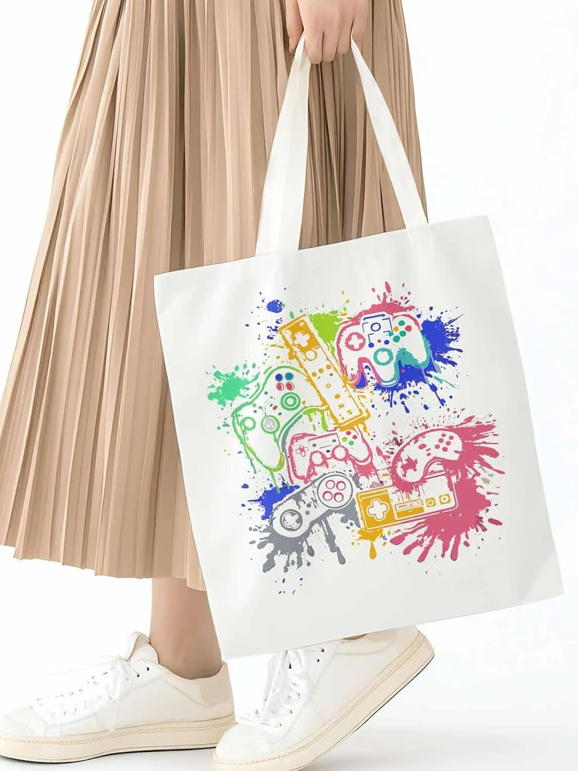 Video Games Colorful Canvas Tote Bag, Aesthetic Canvas Tote Handbags for Women Shoulder Bag