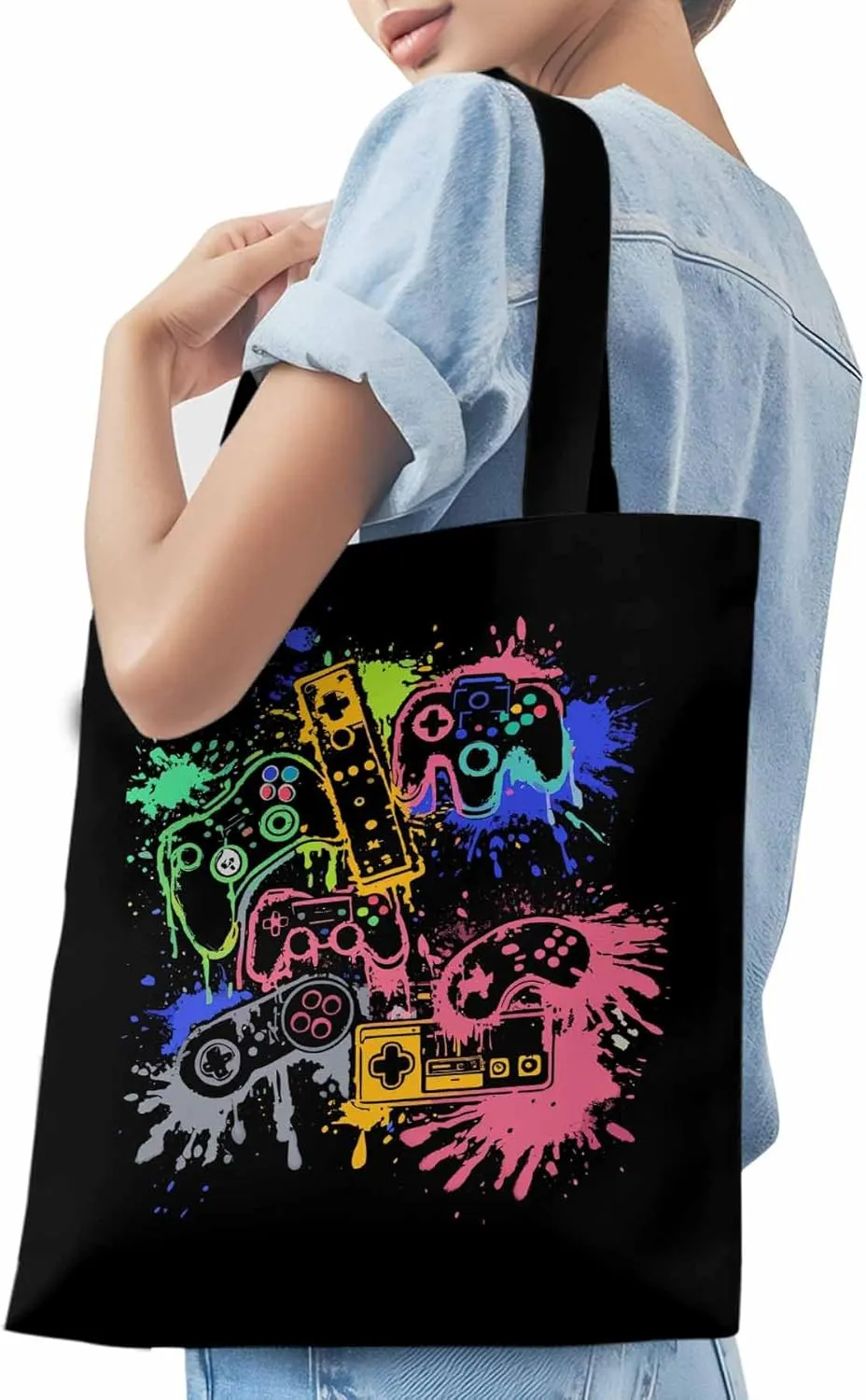 Video Games Colorful Canvas Tote Bag, Aesthetic Canvas Tote Handbags for Women Shoulder Bag