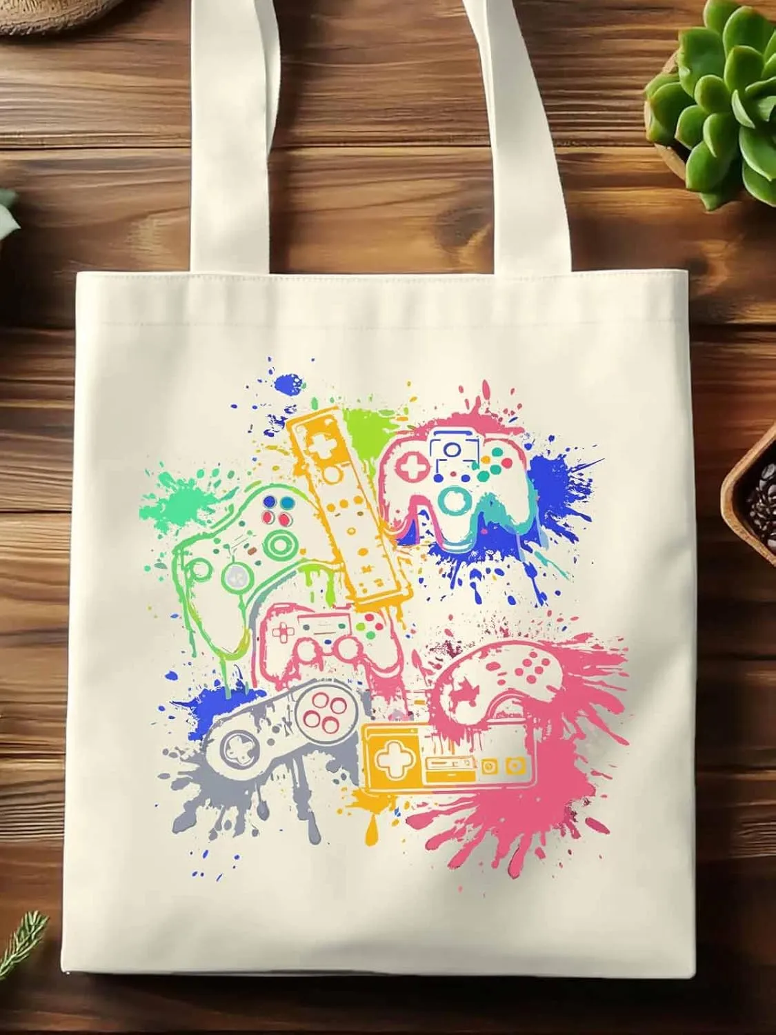 Video Games Colorful Canvas Tote Bag, Aesthetic Canvas Tote Handbags for Women Shoulder Bag