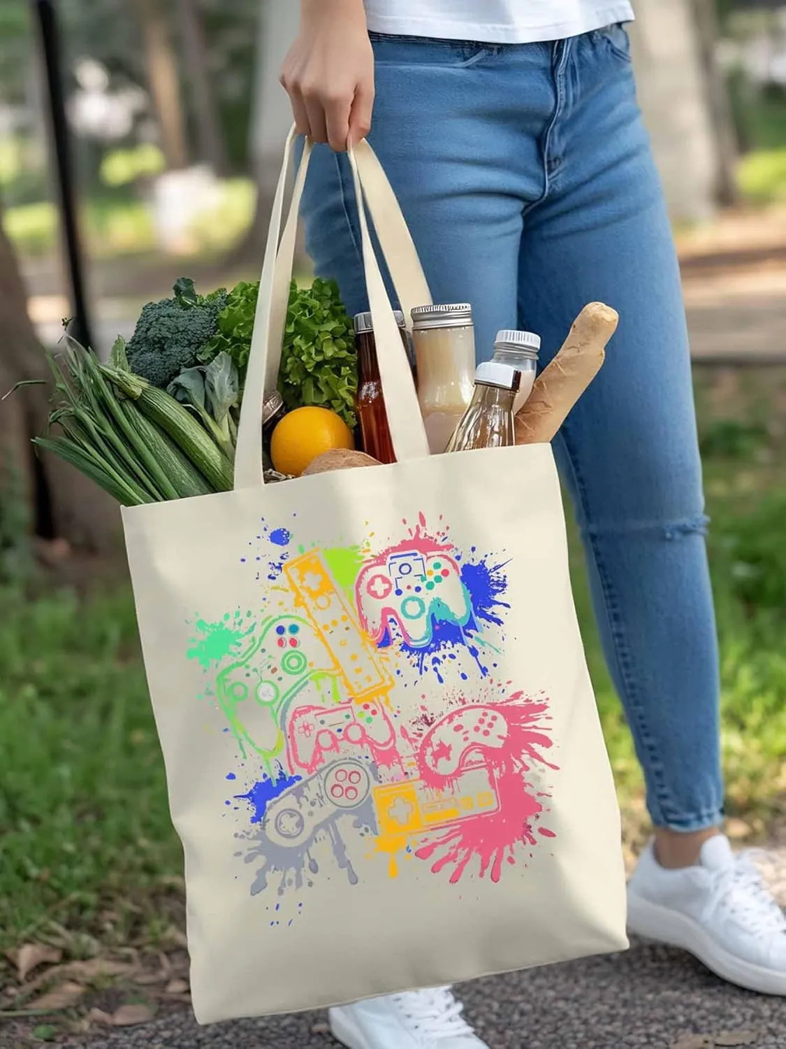 Video Games Colorful Canvas Tote Bag, Aesthetic Canvas Tote Handbags for Women Shoulder Bag