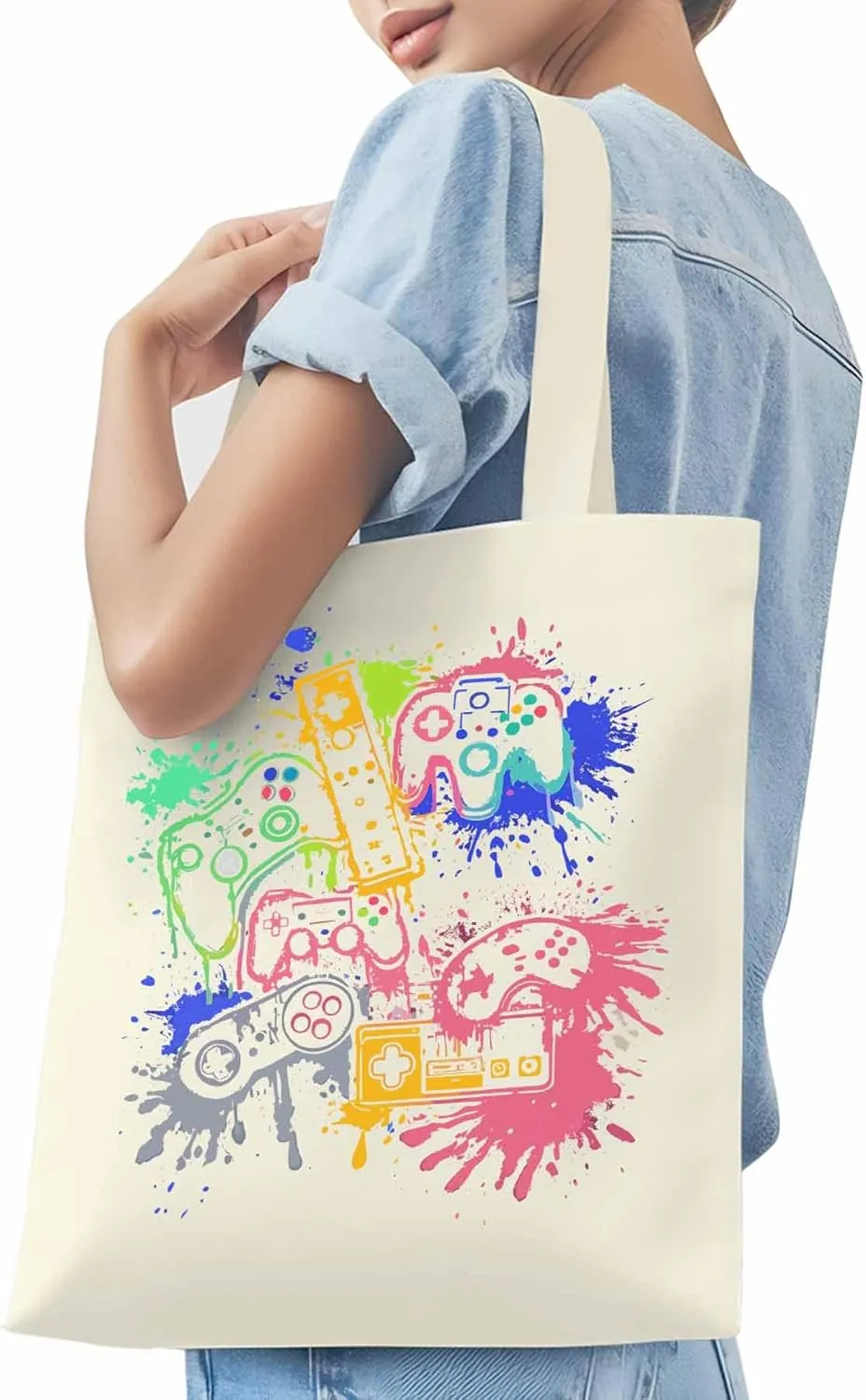 Video Games Colorful Canvas Tote Bag, Aesthetic Canvas Tote Handbags for Women Shoulder Bag